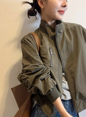 复古立领棒球服开衫外套女欧洲站