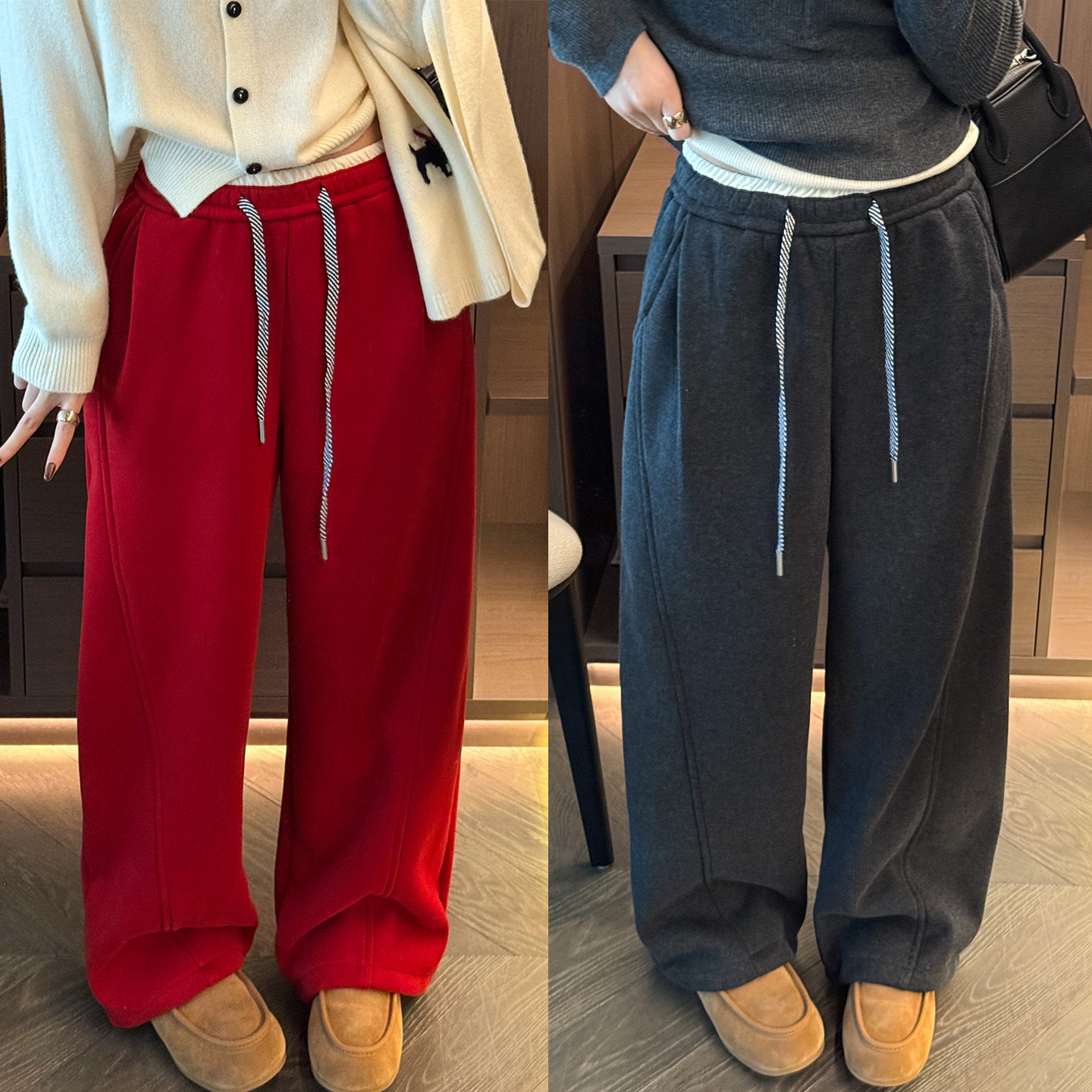 撞色裤腰羊毛呢加绒阔腿裤女欧货