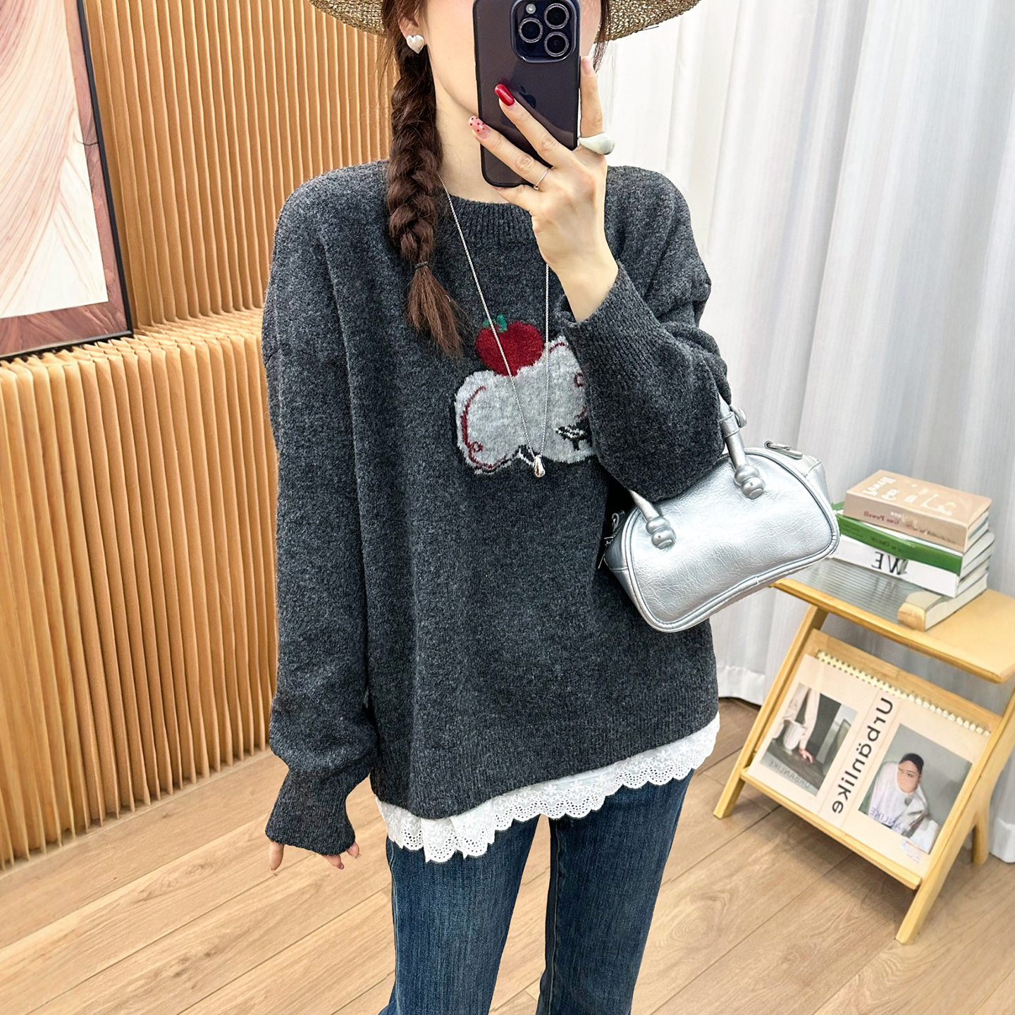 下摆蕾丝刺绣羊绒针织衫女欧洲站