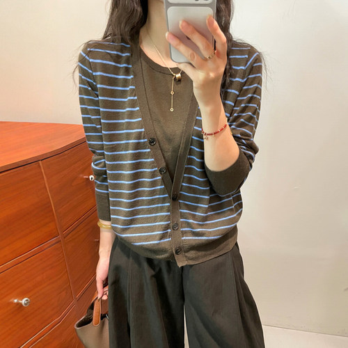 假两件条纹细羊毛针织衫女欧洲站