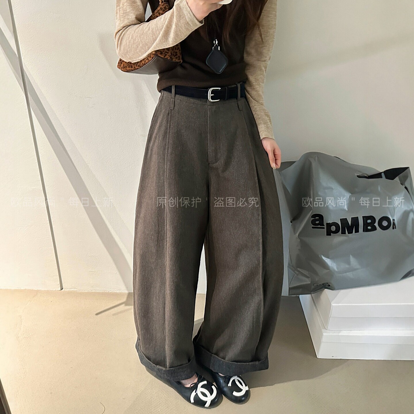 复古翻边拖地西装阔腿裤女欧洲站