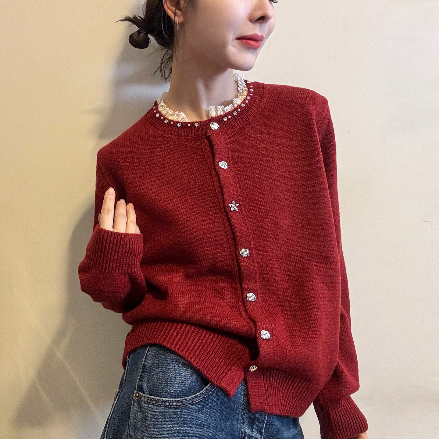 重工镶钻细羊毛针织开衫女欧洲站