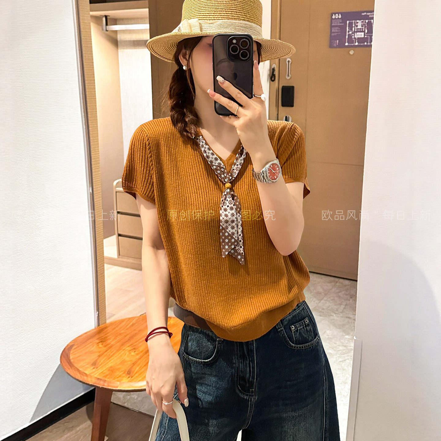 配丝巾小飞袖细羊毛针织衫女欧货