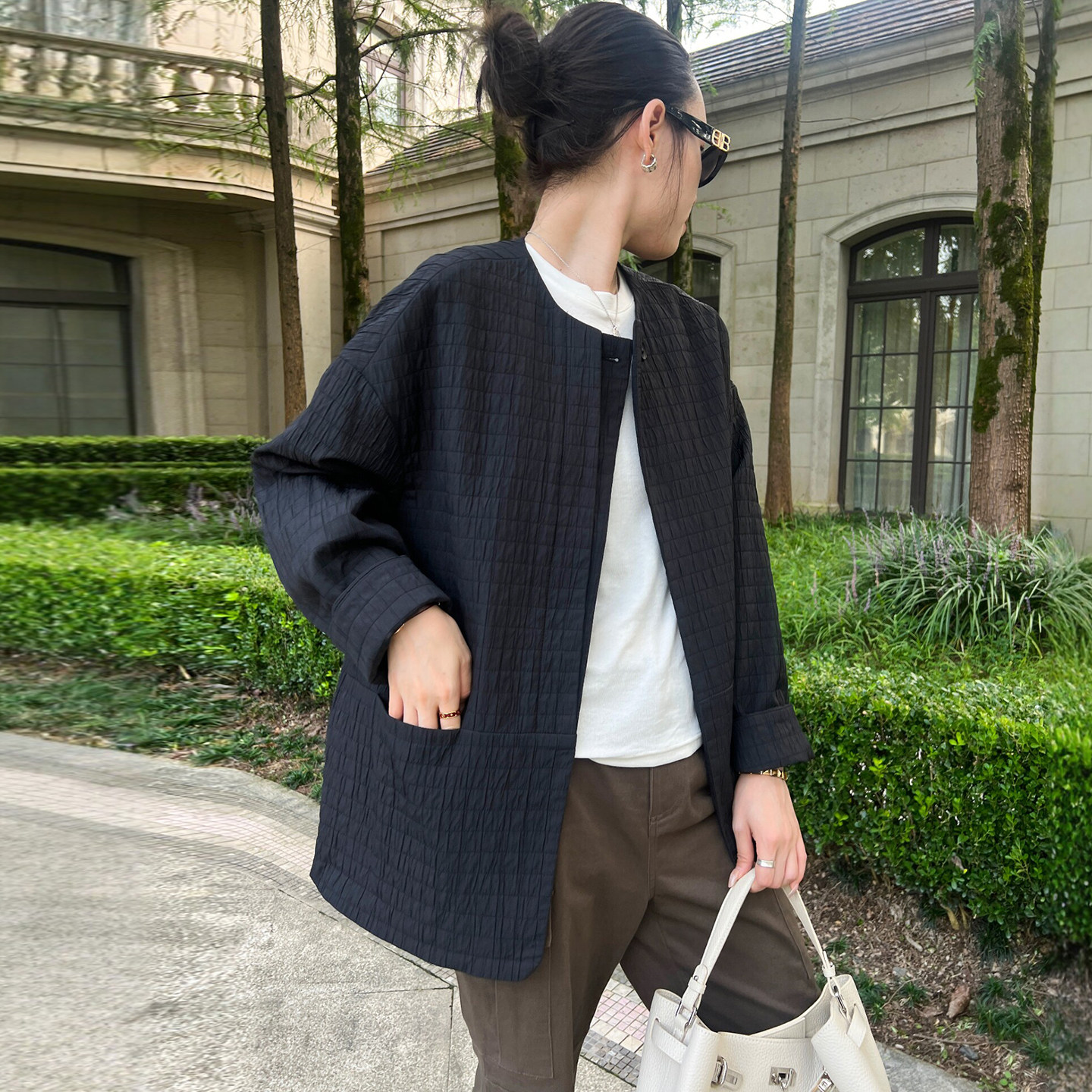 肌理感压格圆领短外套女欧洲站潮
