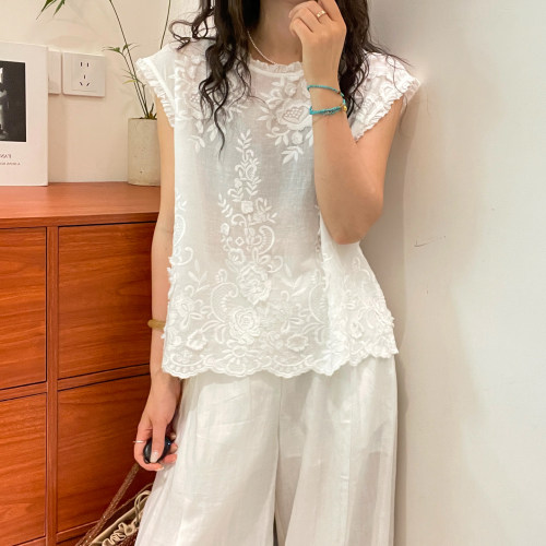 复古格纹飞飞袖亚麻衬衫女欧洲站