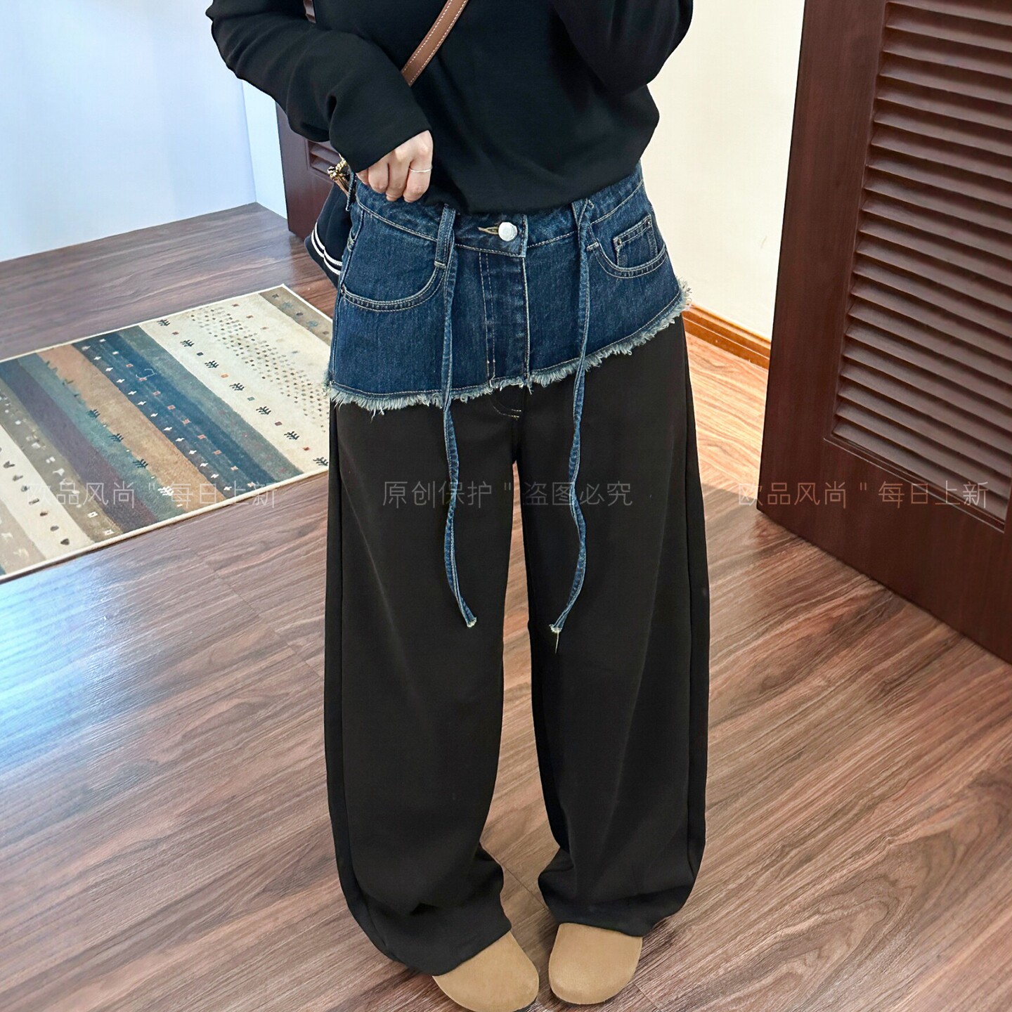 假两件牛仔拖地阔腿卫裤女欧洲站