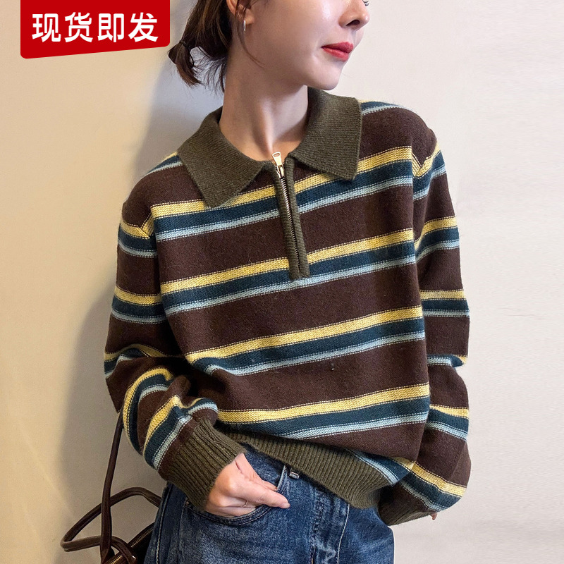 POLO领条纹羊毛针织衫女欧货毛衣