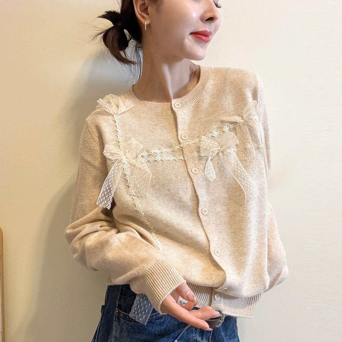 蕾丝蝴蝶结羊毛针织开衫女欧洲站