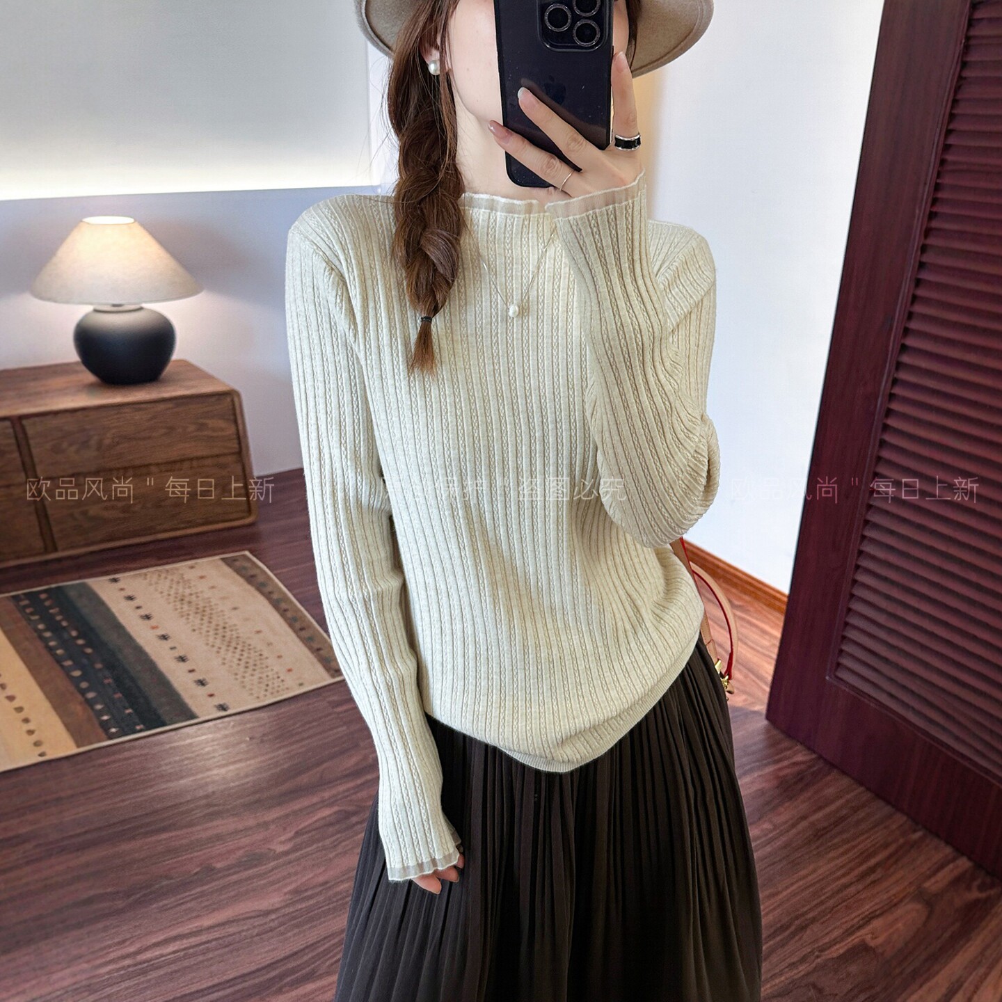 假两件半高领绵羊毛针织衫女欧货
