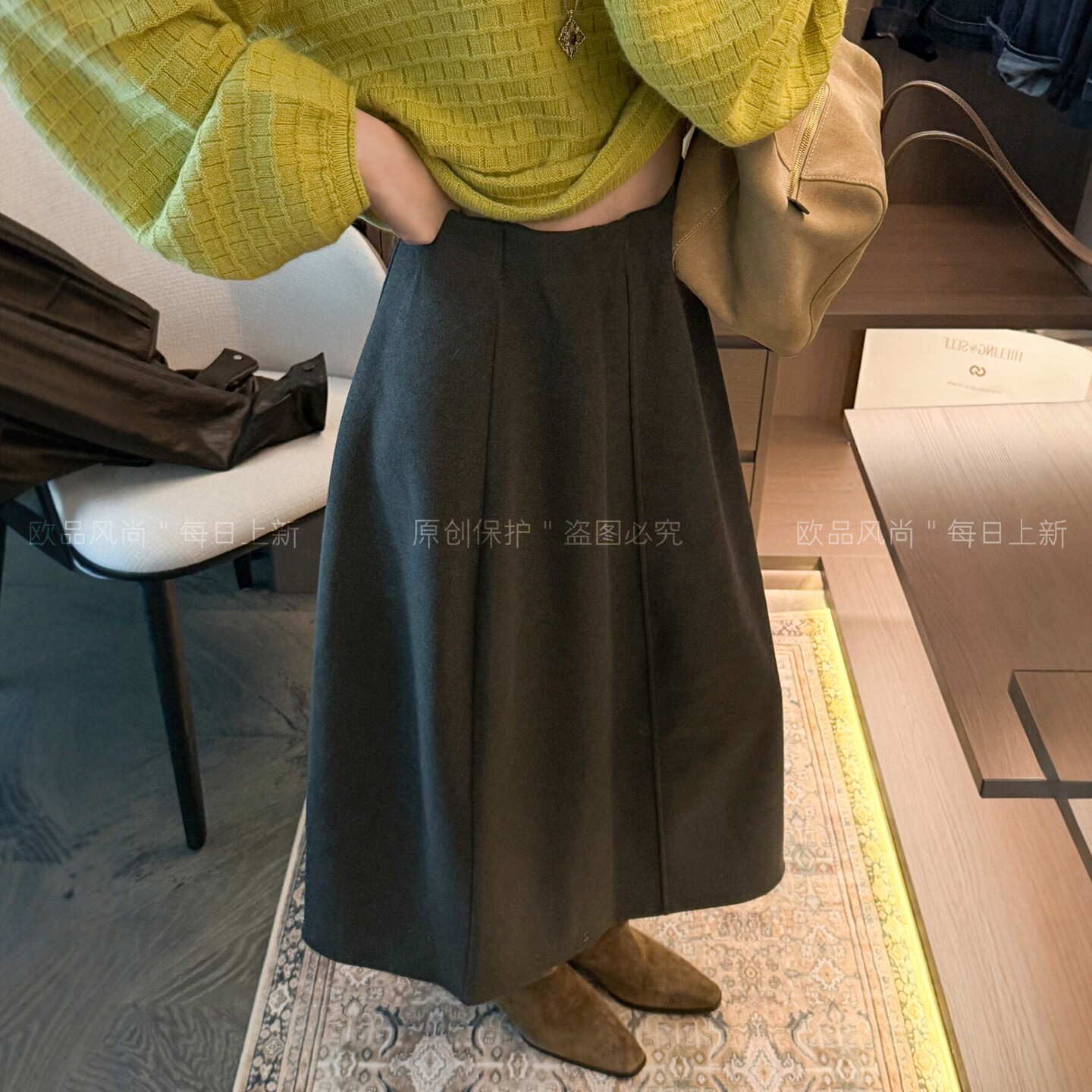 羊毛呢A字花苞半身裙女欧货裙子