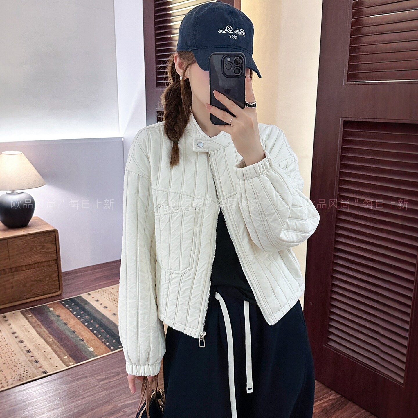 复古压格立领棒球服外套女欧洲站
