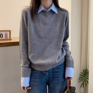 假两件翻领羊毛针织衫女欧洲站冬装2023新款欧货女装洋气打底衫潮