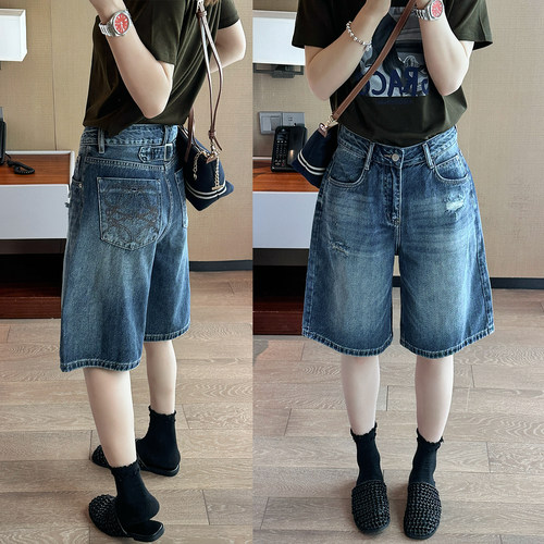 复古破洞阔腿牛仔中裤女欧货短裤