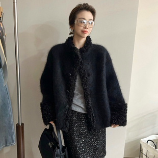 木耳边绵羊毛针织开衫女欧洲站2025冬装新款欧货女装毛衣短外套潮