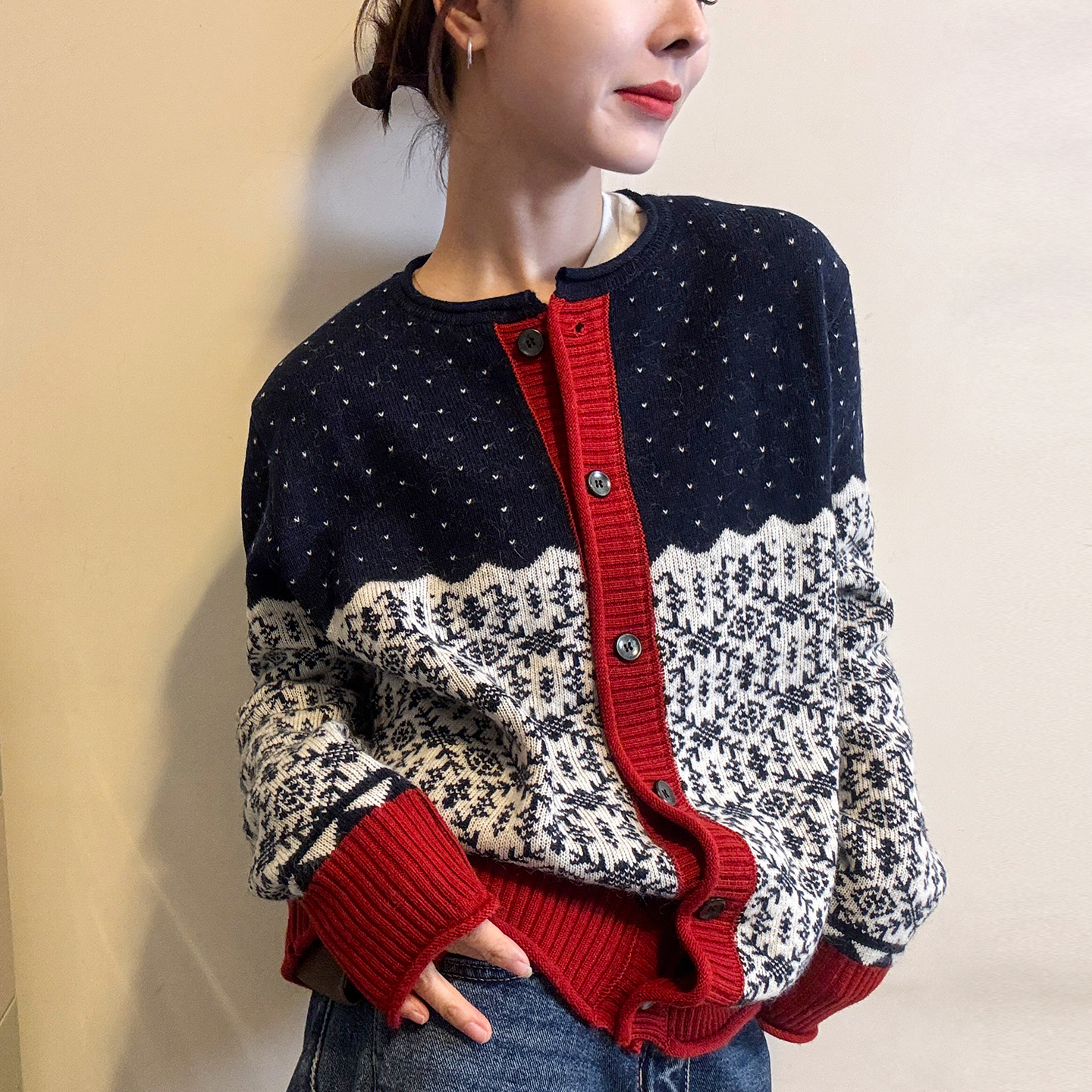 撞色印花细羊毛针织开衫女欧洲站