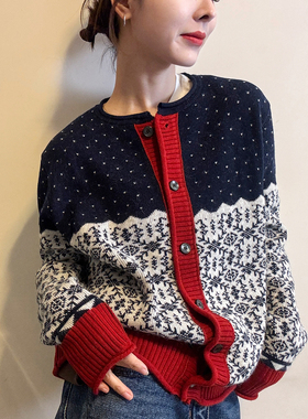 撞色印花细羊毛针织开衫女欧洲站2025冬装新款欧货女装毛衣外套潮