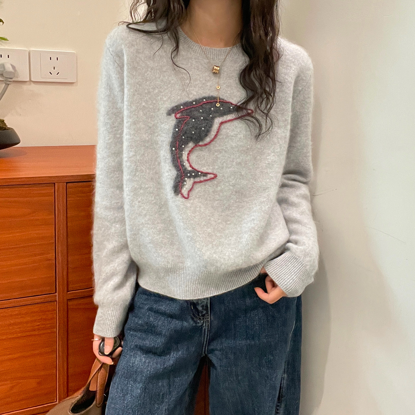 海豚图案拉毛羊绒针织衫女欧洲站