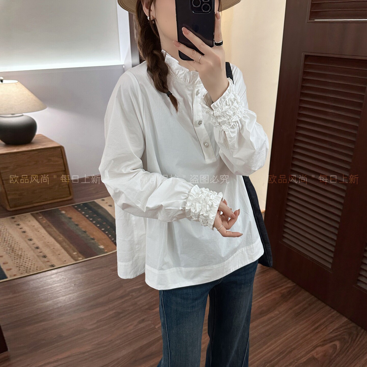 木耳边褶皱立领长袖衬衫女欧洲站
