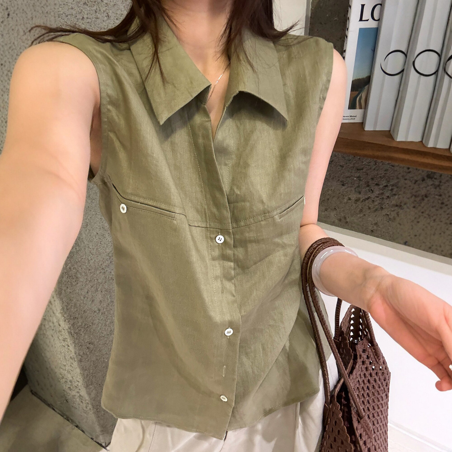 POLO领贝壳扣麻料衬衫女欧货上衣