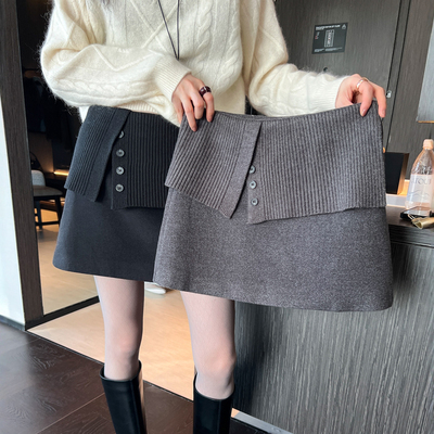 假两件羊毛呢A字半身裙女欧洲站