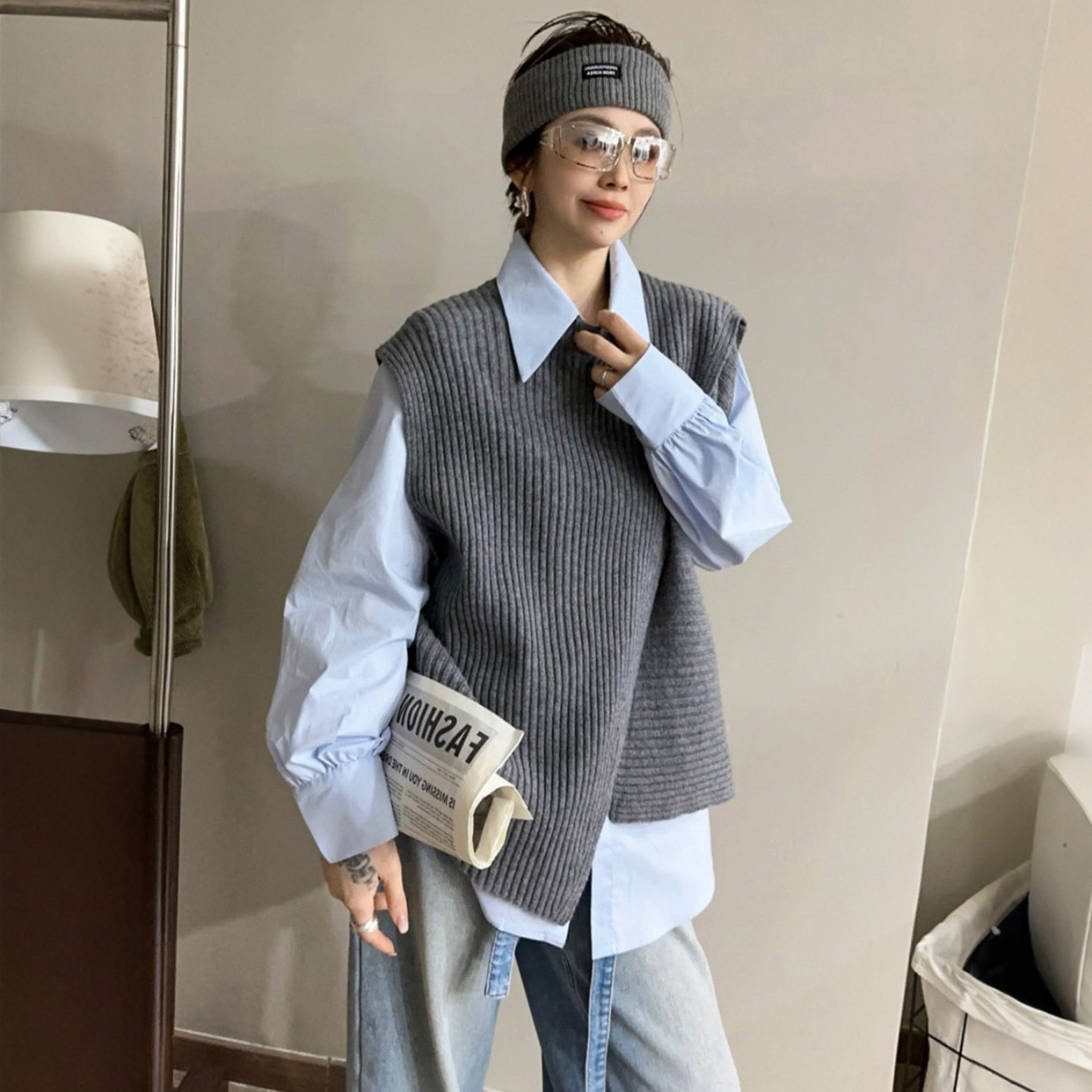 复古坑条羊毛针织马甲衬衫两件套女欧洲站2025冬装新款欧货女装潮