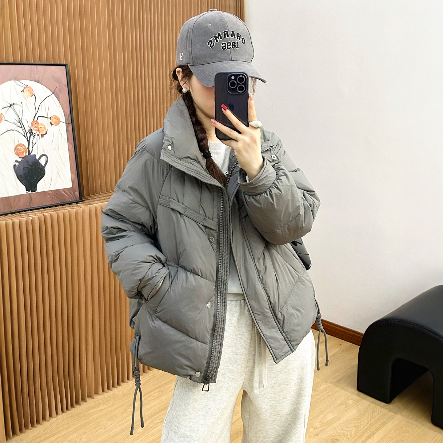 下摆抽绳面包羽绒服女欧洲站外套