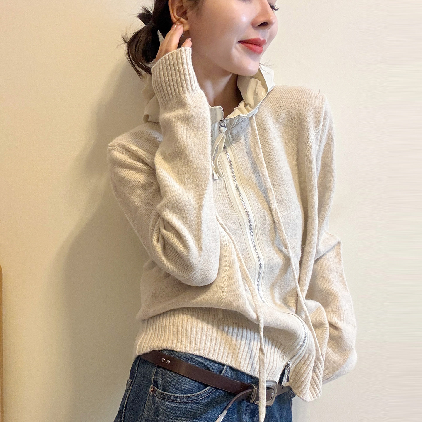 抽绳连帽羊毛针织开衫女欧货外套
