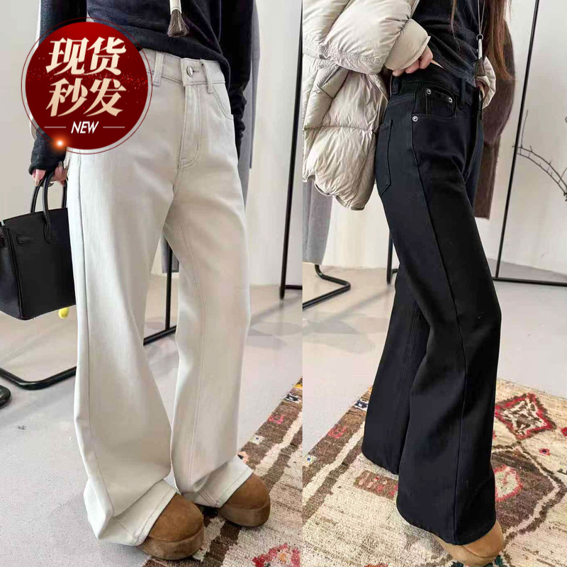 复古拖地加绒阔腿牛仔裤女欧洲站