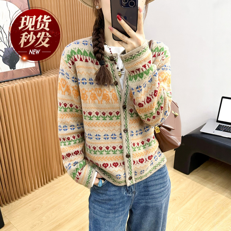 复古提花细羊毛针织开衫女欧洲站