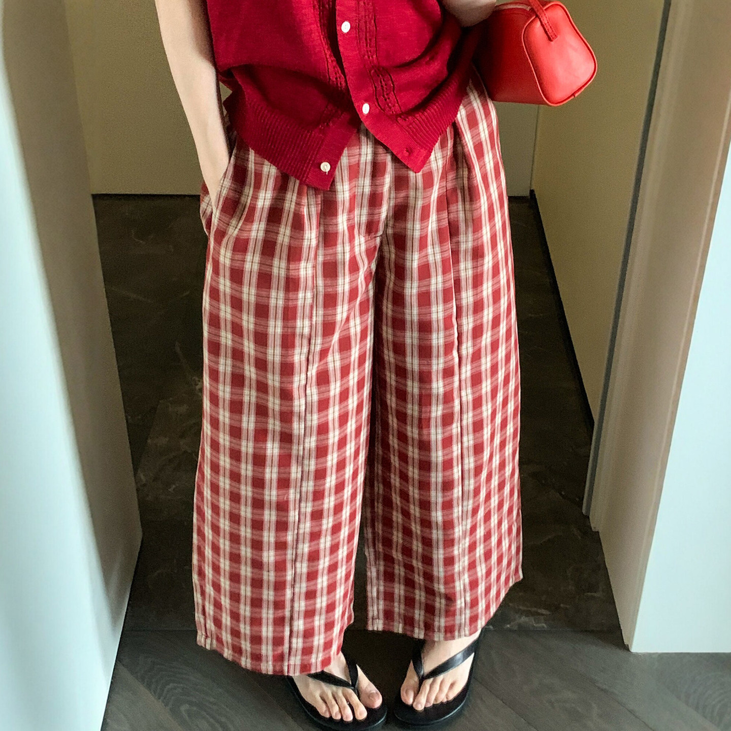 撞色格子直筒九分亚麻阔腿裤女欧洲站2026夏季新款欧货女装休闲裤