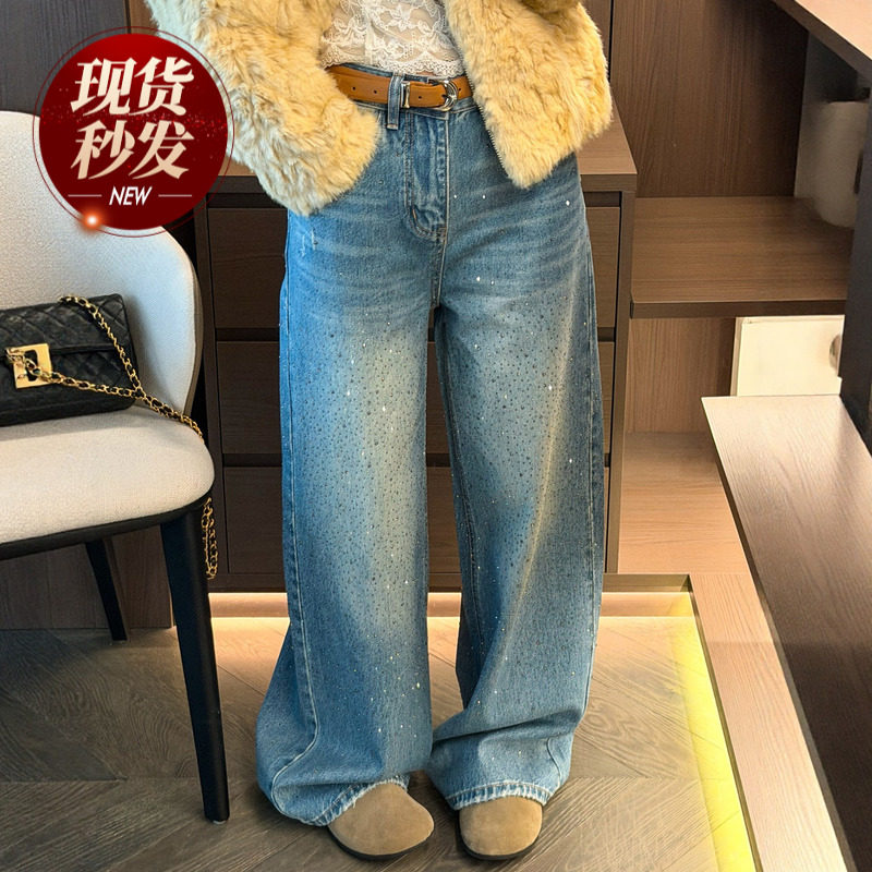 重工烫钻拖地阔腿牛仔裤女欧洲站2025冬装新款欧货女装直筒裤子潮