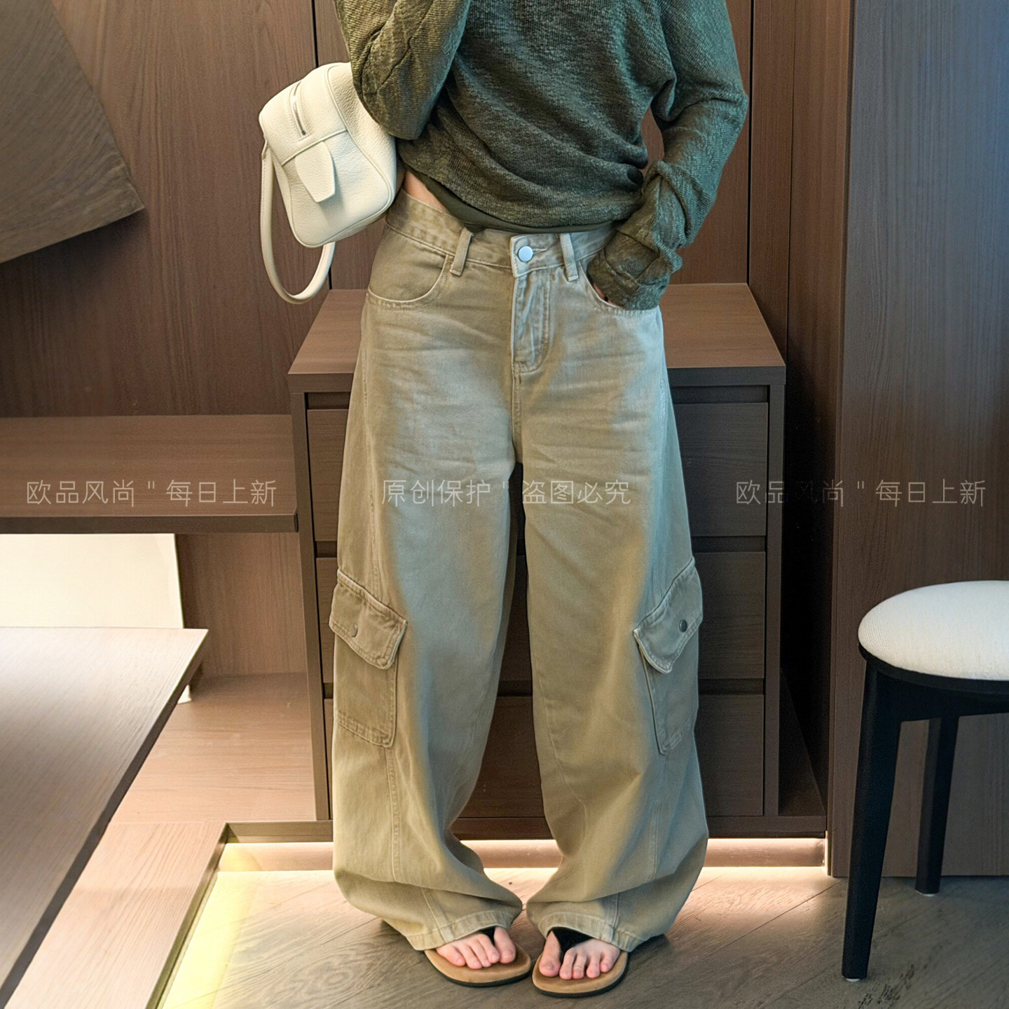 双口袋拖地工装阔腿牛仔裤女欧货