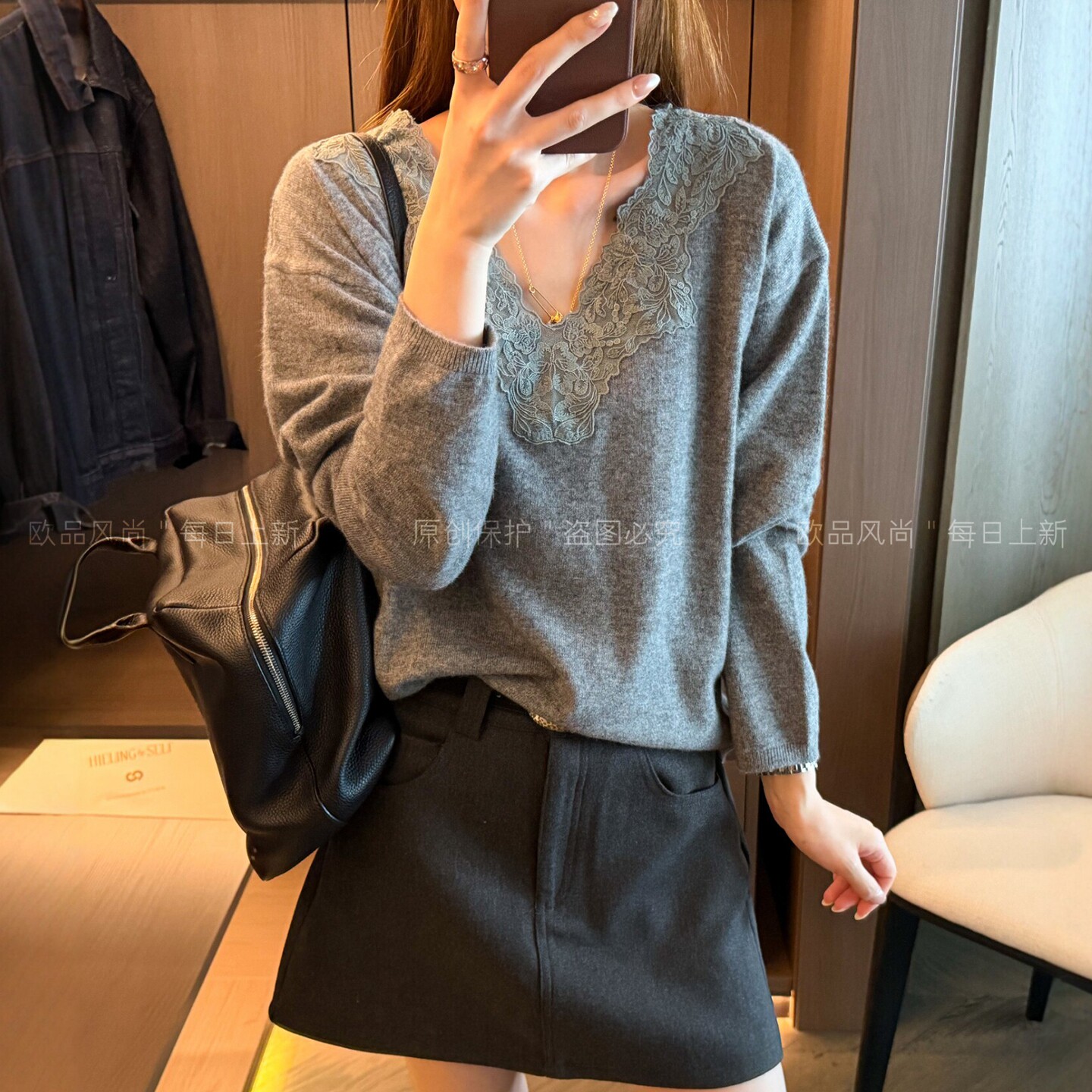 蕾丝钩花V领绵羊毛针织衫女欧货