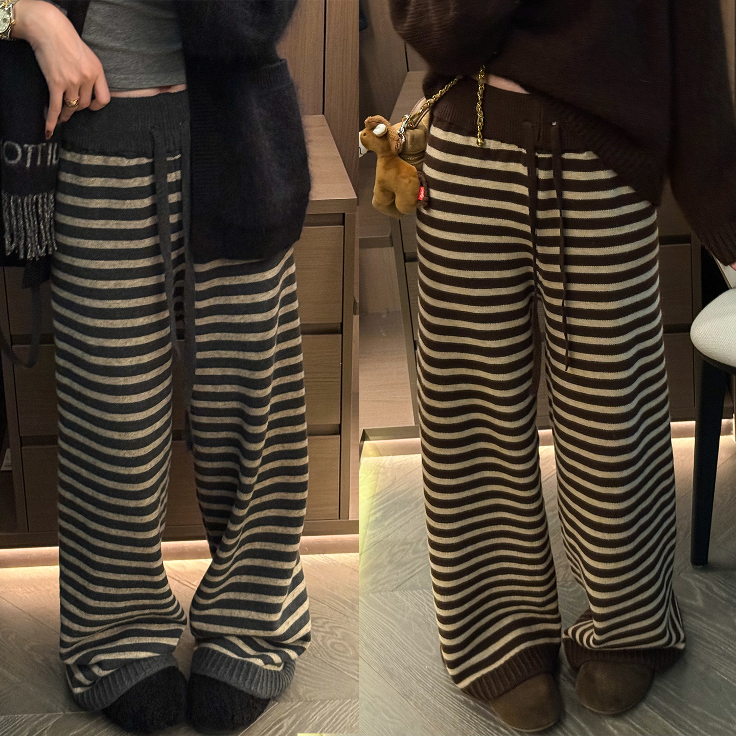 撞色条纹羊绒针织阔腿裤女欧洲站