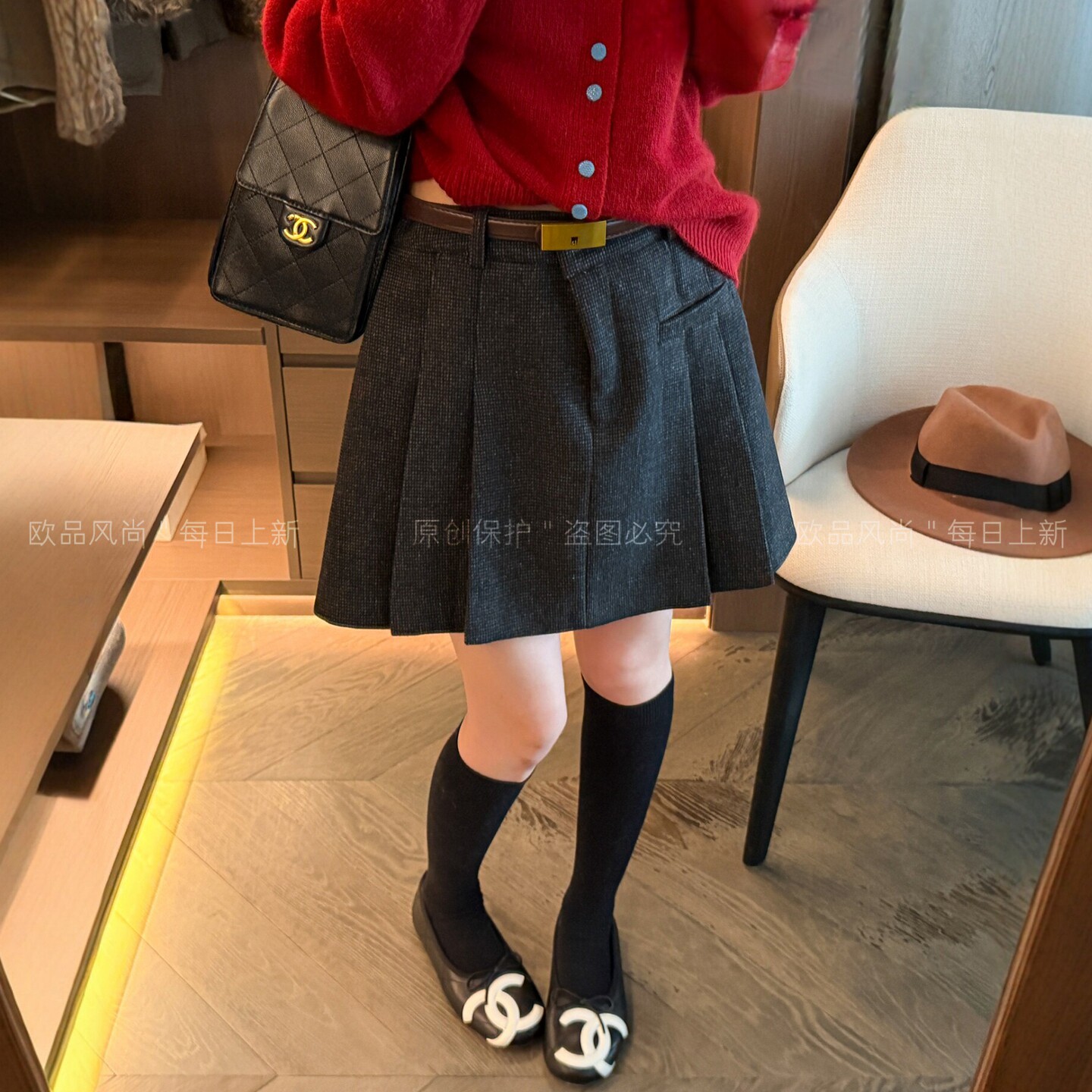 小香风羊毛呢A字半身裙女欧洲站