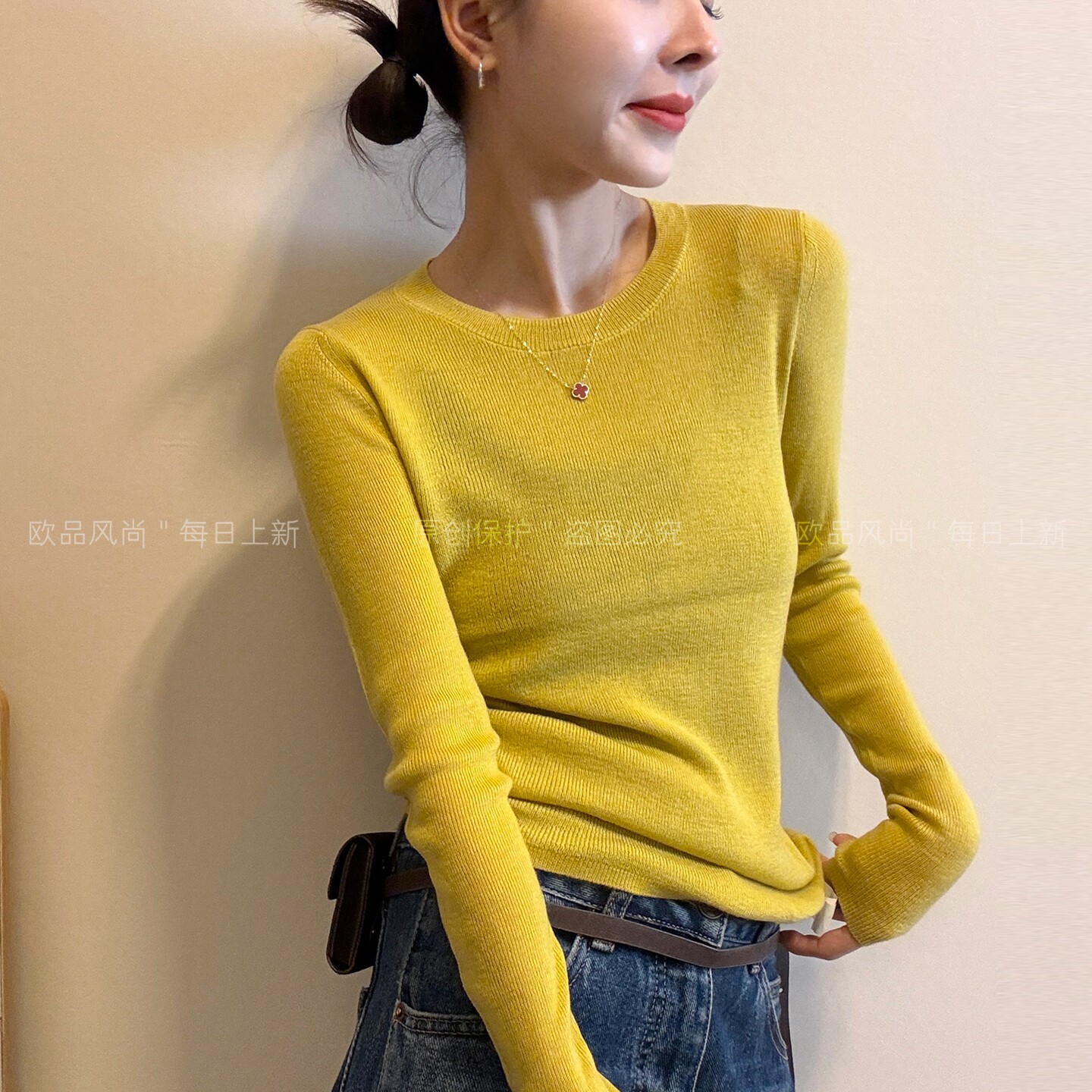 糖果色弹力修身羊毛针织衫女欧货