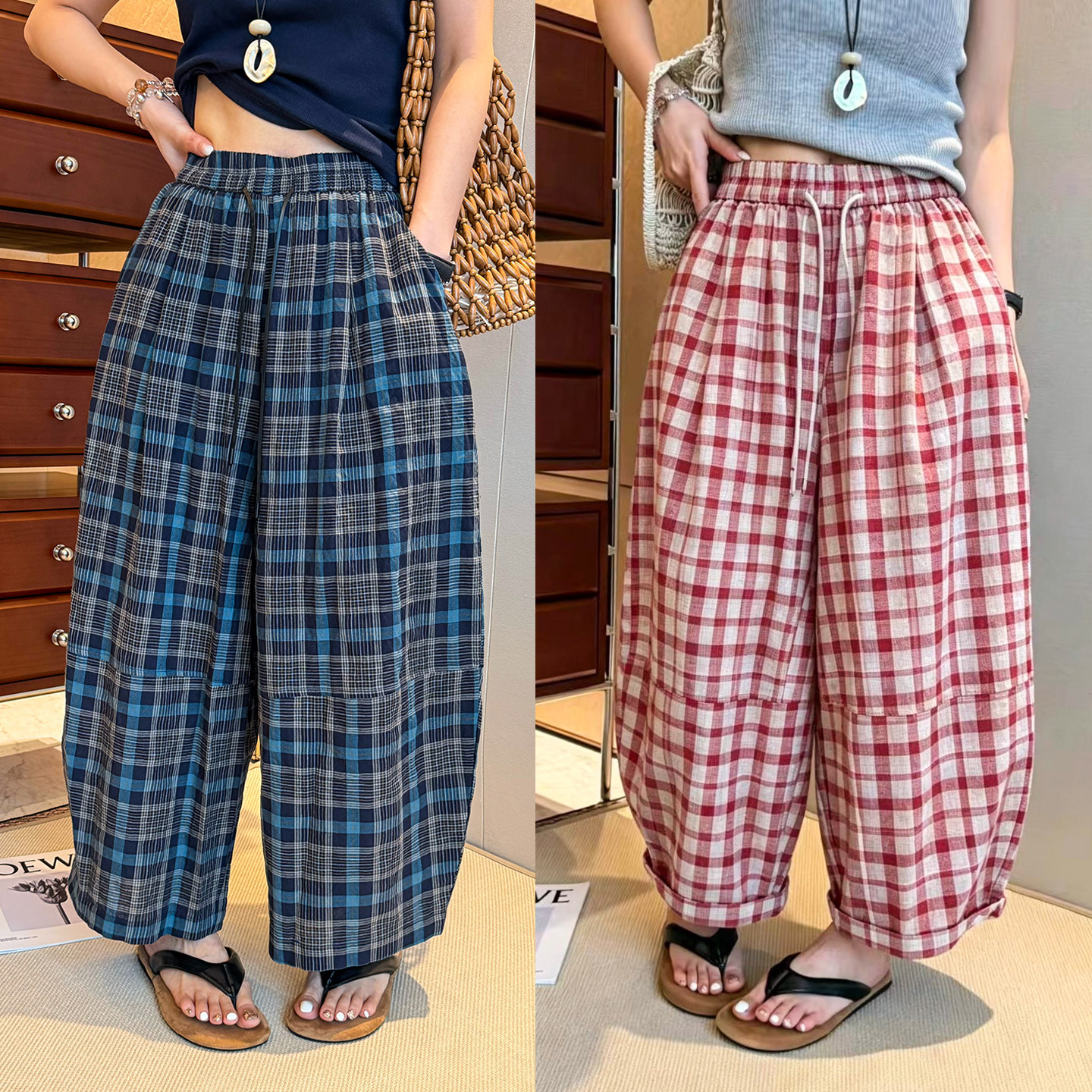 撞色格子九分气球阔腿裤女欧洲站