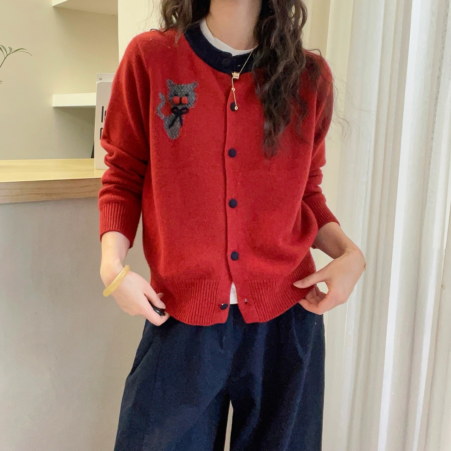 小猫刺绣山羊绒针织开衫女欧洲站