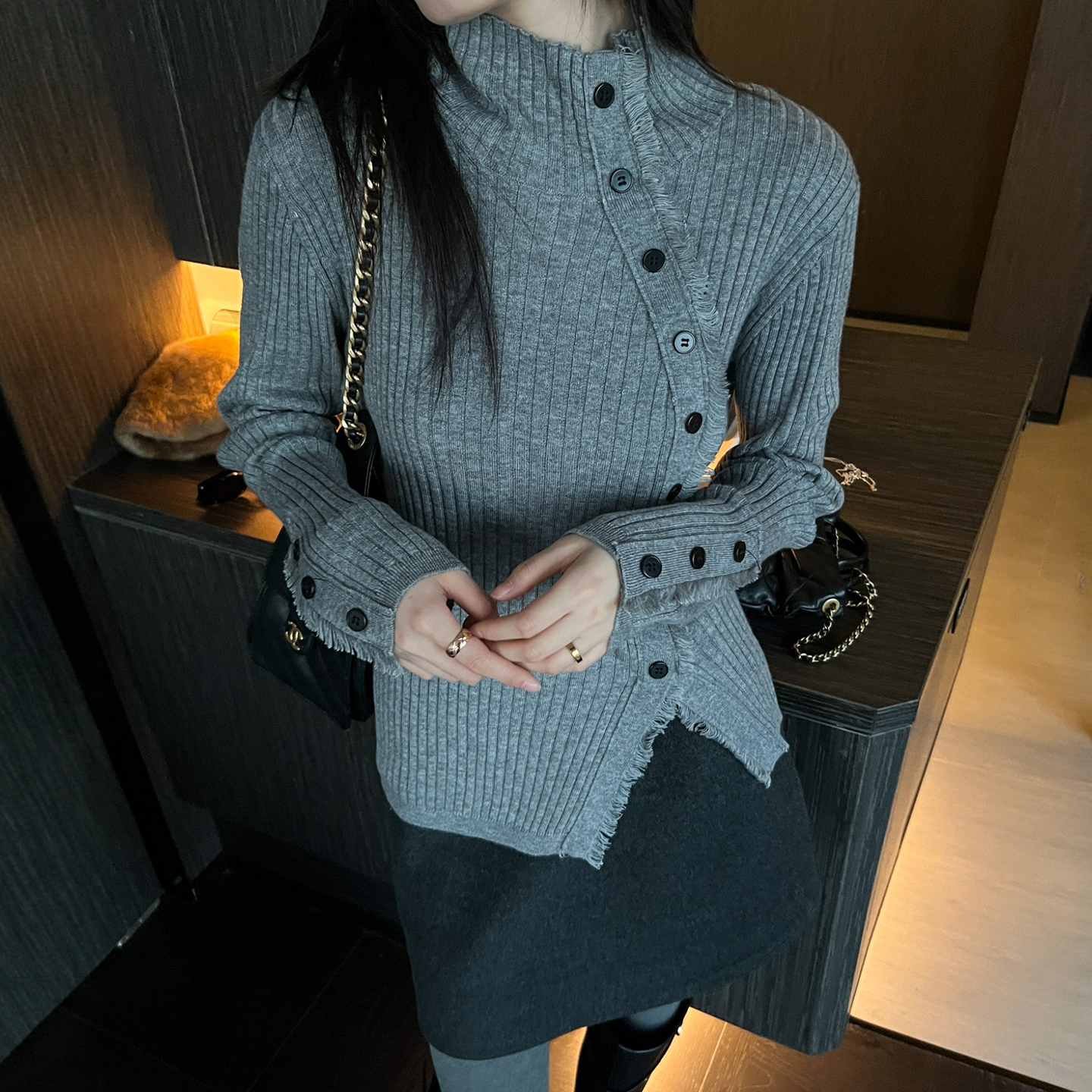 侧边开叉高领羊毛针织衫女欧洲站