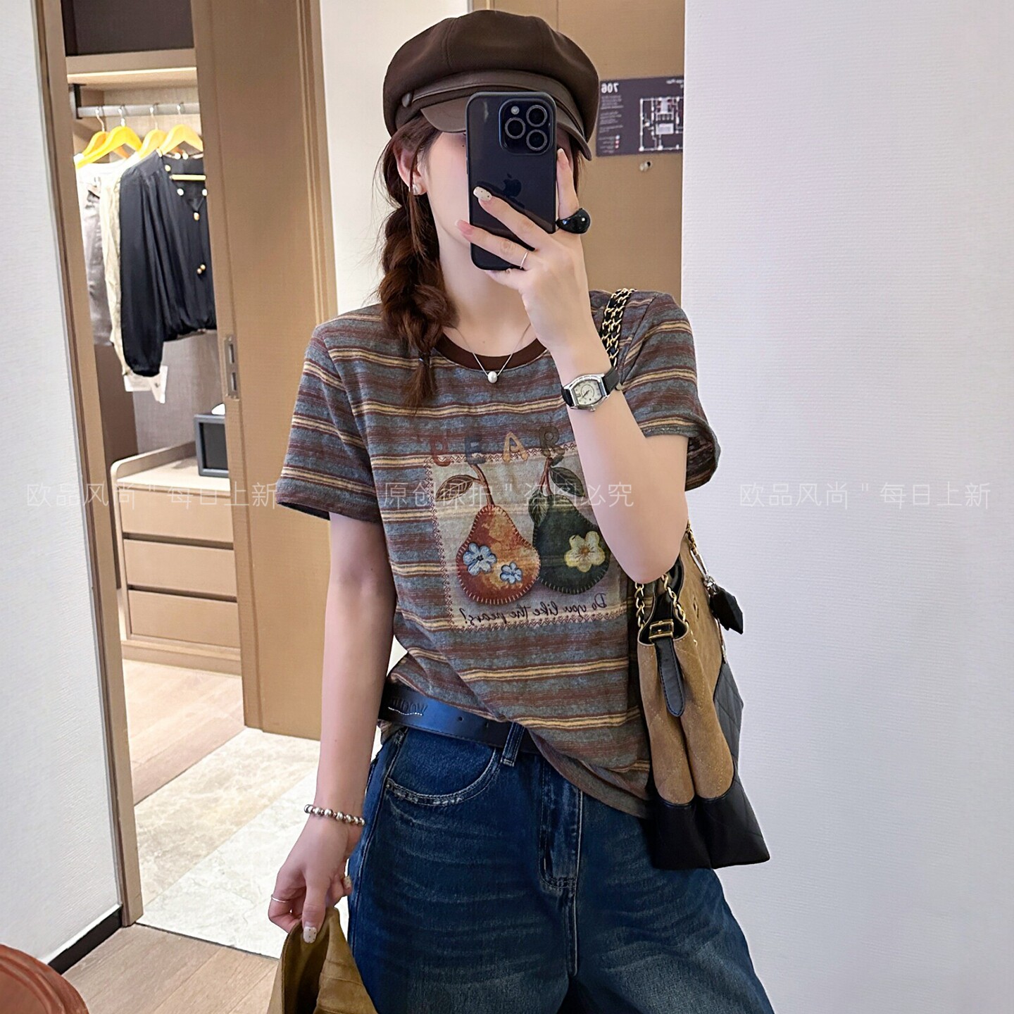 水果字母印花条纹短袖T恤女欧货