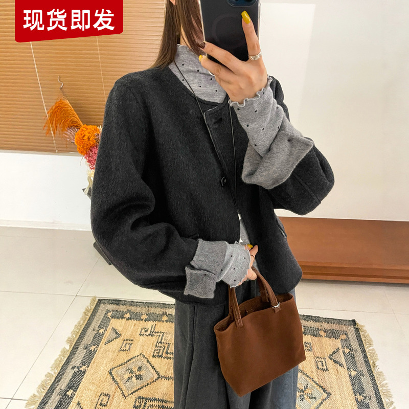 双口袋双面羊绒大衣女欧洲站2025冬装新款欧货女装短款毛呢外套潮