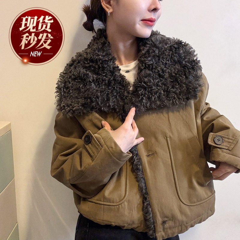 羊羔毛领派克羽绒服女欧洲站2025冬装新款欧货女装小个子短外套潮