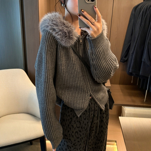 欧货女装 新款 短外套潮 女欧洲站2025冬装 贴标毛领连帽羊毛针织开衫