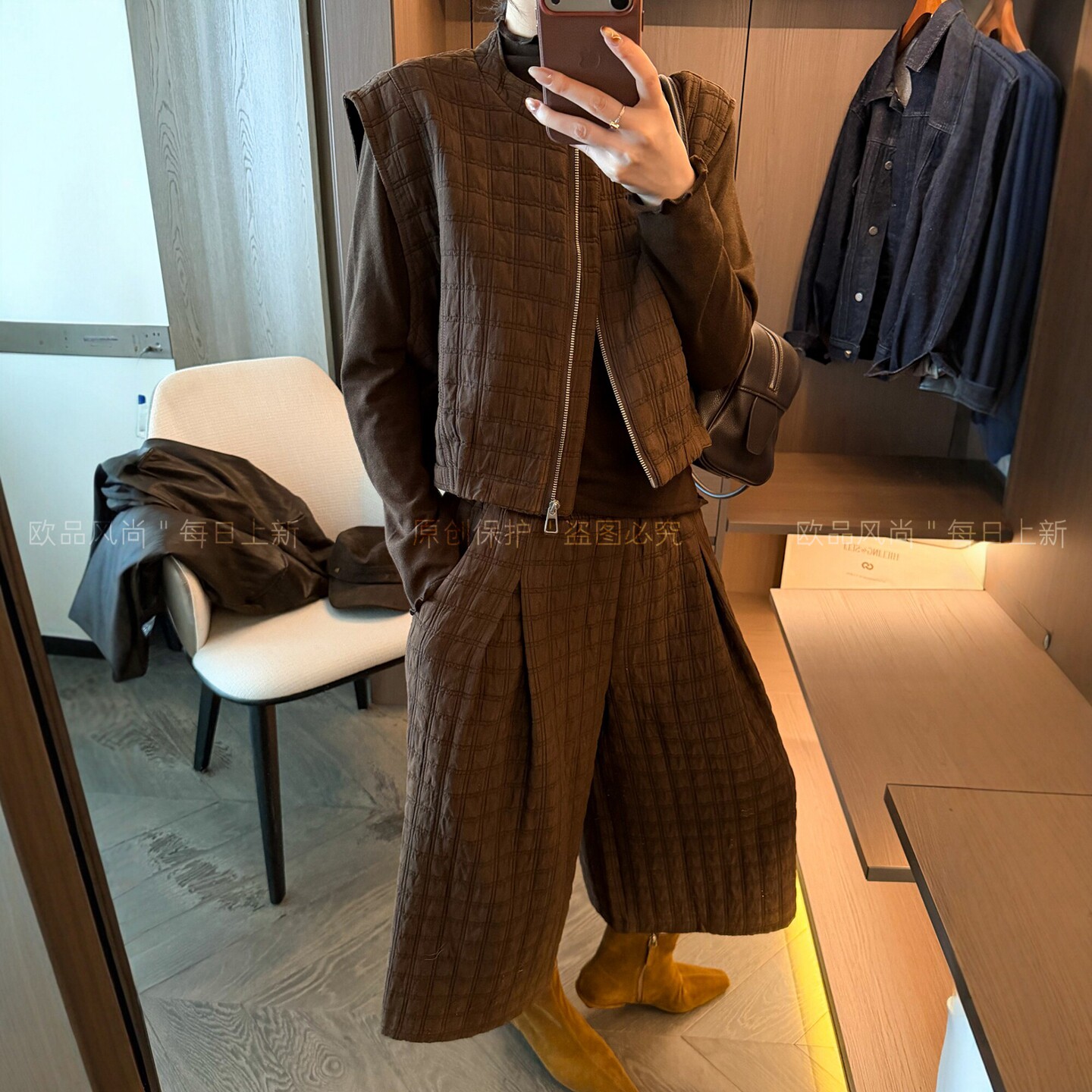 木耳边T恤马甲外套半身裙三件套