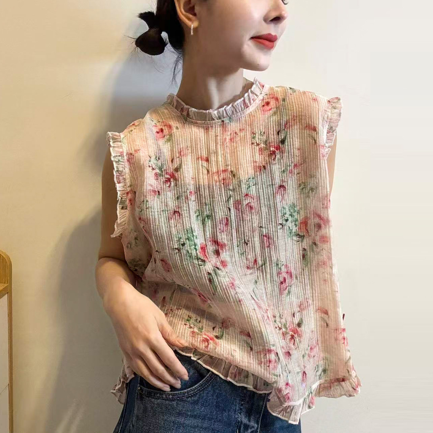 木耳边碎花立领衬衫女欧洲站上衣