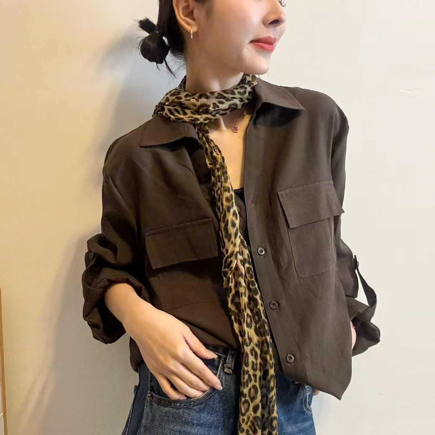 豹纹丝巾POLO领工装衬衫女欧洲站