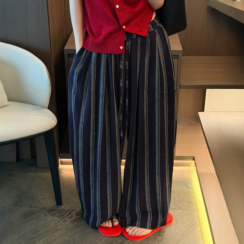 撞色条纹拖地亚麻阔腿裤女欧洲站