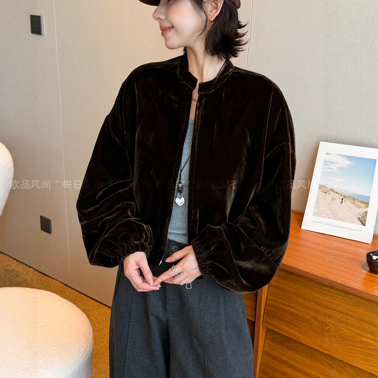 复古立领金丝绒棒球服外套女欧货