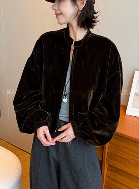 复古立领金丝绒棒球服外套女欧货