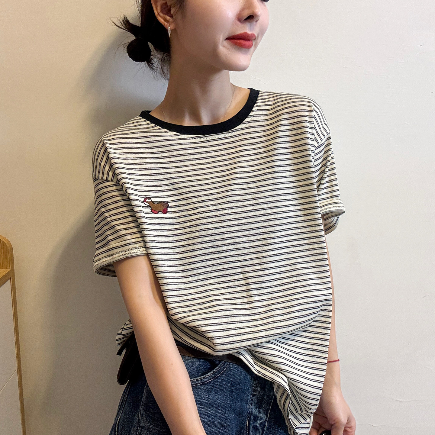 卡通刺绣条纹短袖T恤女欧洲站2026春装新款欧货女装时尚打底衫潮